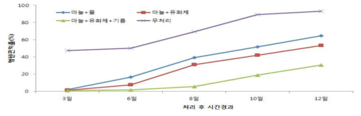 마늘 추출액의 추출방법에 따른 토마토 흰가루병 억제 효과 지속능력 ※ 처리일 1월 20일(1회 처리), 첨가기준 : 마늘10%, 유화제 0.3%, 기름 0.5%