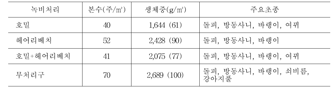 피복작물 처리 후 콩 무경운 포장의 잡초발생(9월 16일, 정식 세 달)