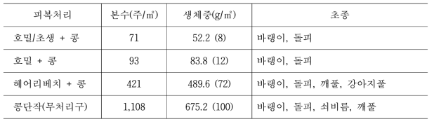 무경운 콩밭의 물리적 제초 시행 이전 잡초 발생(2017. 7.7, 정식 30일)