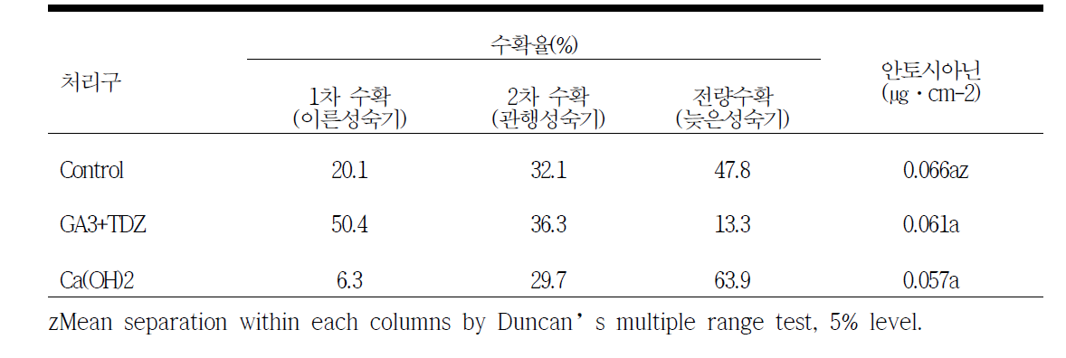 GA3+TDZ 처리구와 수산화칼슘 처리구에 따른 수확율 및 안토시아닌 함량