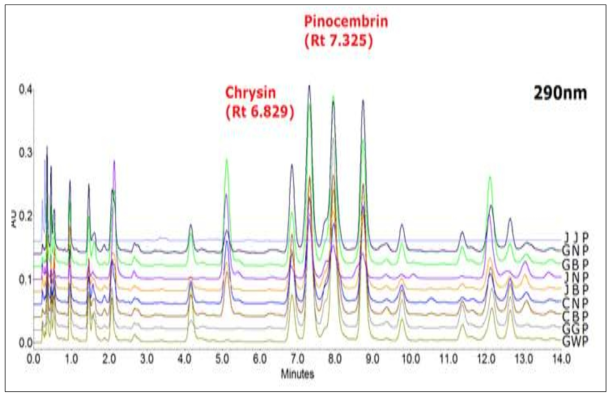 UPLC chromatograms of Chrysin and Pinocembrin