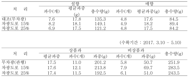 차광도포제 처리에 따른 주당 수량(개, g/Plant) (수확기간 : 2016. 3.15 – 5.12)