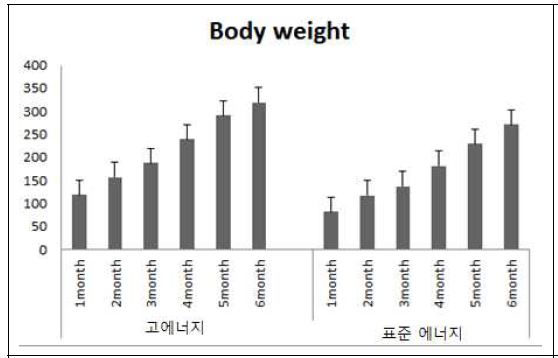 에너지 급여수준이 다른 젖소 송 아지군의 체중변화(월평균)