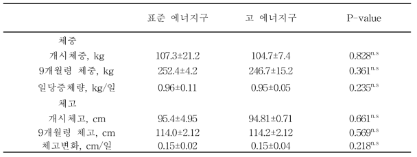 젖소 육성우의 에너지 급여수준에 따른 일당 증체량 및 체고 결과