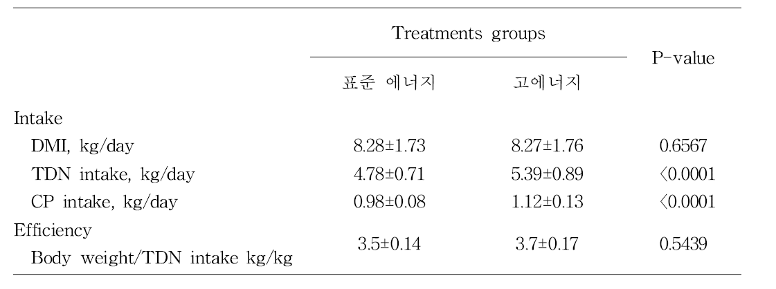 에너지 급여 수준에 따른 처리별 영양소 섭취량