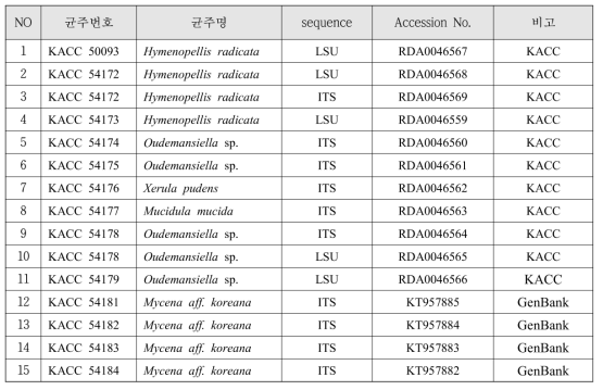 분자생물학적 특성평가(ITS) 균주 목록