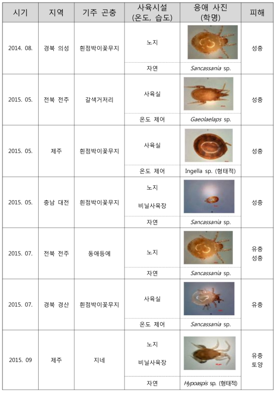 2014-2015년 식약용 곤충 사육농가의 응애 발생 현황