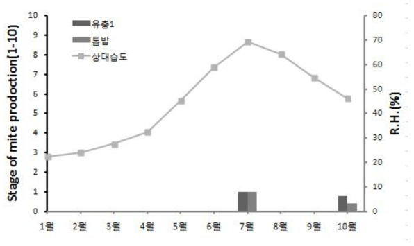 장수풍뎅이 유충 및 톱밥에 발생한 응애량