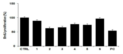 혈관평활근세포의 증식 억제 효과. 1.돌나물 2.참죽나무 3.고사리 4.샐러리 5.딸기 6.명이나물