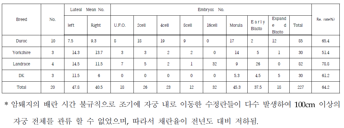 돼지 품종별 체내 수정란 생산 성적