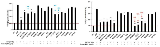 모유두세포에 DHT와 저농도(좌) 및 고농도 곤충 추출물(우)과 동시 처리 시 TGF-β1의 생성 회복 확인
