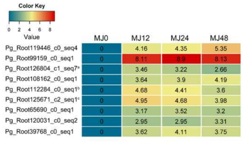 Expression pattern of candidate UGTs in MJ-treated CS adventitious roots. Expression values were calculated by FPKM value and represented by Heatmap with green-red color in Log2 scale. Different letters indicates the unigenes that those expression was significantly increased after MeJA treatment (p<0.05)