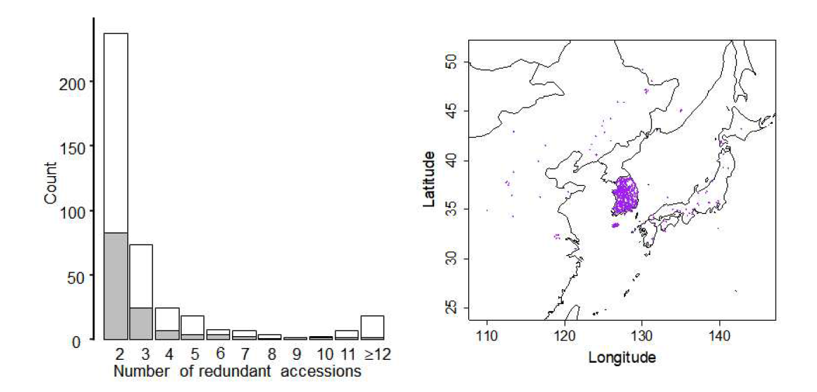 Population structure of the genotyped 4,234 soybean accessions. (A) Distribution of number of redundant accession groups that showed <1.25% inconsistencies between the SNP calls. G. maxand G. sojaare shown by white and gray boxes. (B) Geographic distribution of the collection sites for G. soja accessions