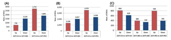 Number of genes that are up- and down-regulated in each DEG set. (A)DEGs set I, (B) DEGs set II, and (C) DEGs set III