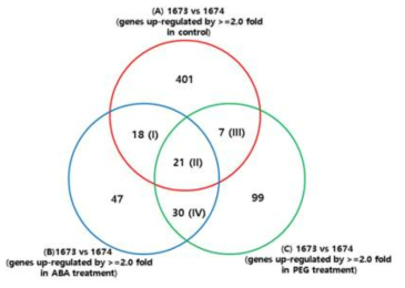 Comparison of differentially expression genes within transcriptomes. Number of genes up-regulated by >= 2 fold in each experimental set. The information of transcripts with roman number in round brackets is described in table 2