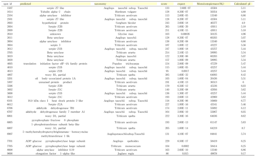 Identified protein spots by peptide mass fingerprinting