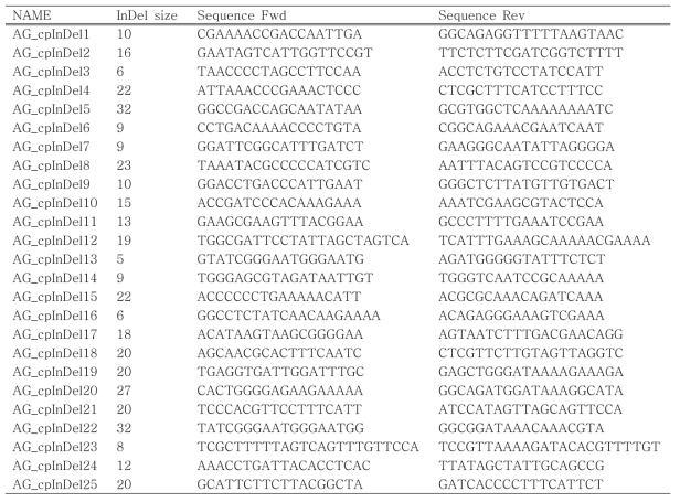 탐색된 25 개의 InDel 부위를 증폭하기 위해 제작된 primer