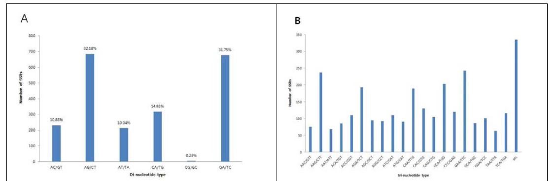 더덕 EST-SSR motif에 따른 서열별 frequency의 예. A: dinucleotide type, B: trinucleotide type