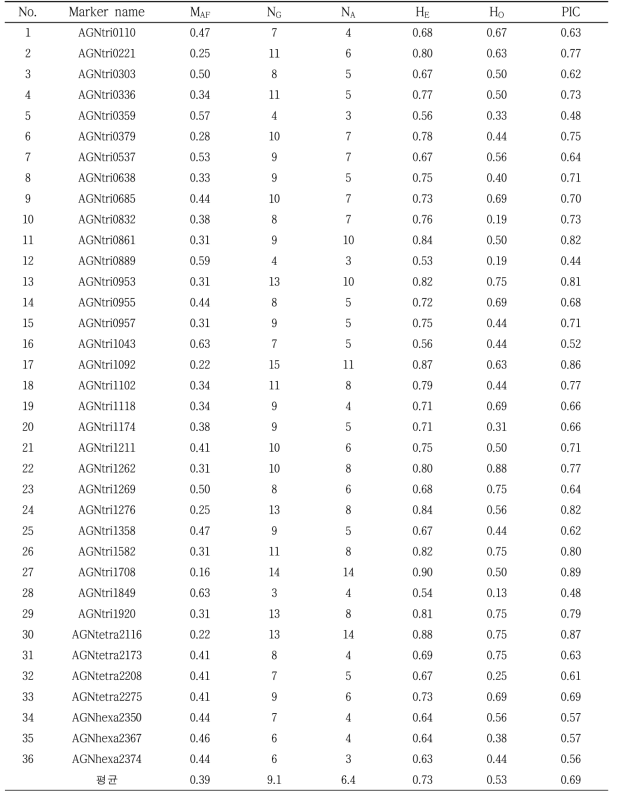 당귀의 36 다형성 SSR 마커 효율성 분석 결과