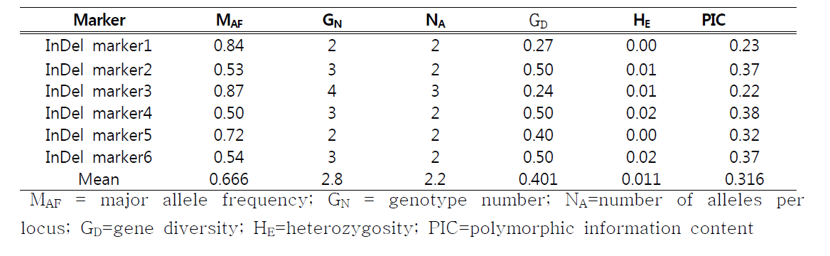 개발된 더덕 InDel 마커의 효율성 분석