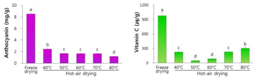 블랙베리의 건조방법에 따른 분말의 안토시아닌 및 비타민 C 함량 These values are means ± SD. Means with difference letter(a-e) within drying methods are significantly different at 5% level by Duncan’s multiple range test