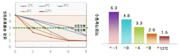 블랙베리 생과 저장온도 및 기간별 저장가능일수 * 조사기준(무름정도) : 5점: 0∼5%, 4점:5∼10%, 3점: 10∼15%, 2점: 15∼20%, 1점: 20% 이상