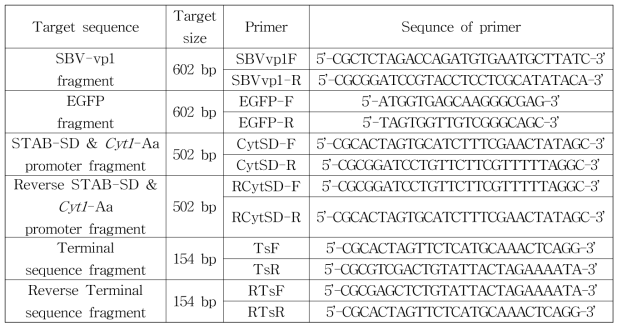 The primer sequences for cloning of SBV partial genes to synthesize antiviral dsRNAs. The underlined sequences are restriction endonuclease recognition sequences