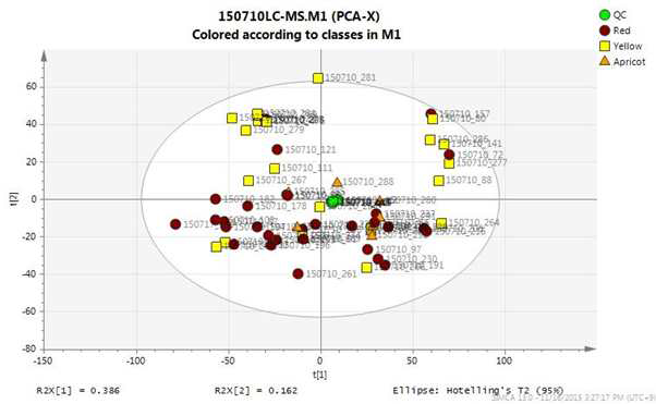 열매색별 시료와 QC 시료 LC-MS 값의 PCA score plot