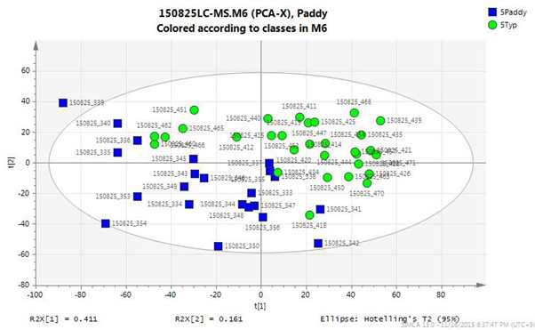 재배 토양별 LC-MS PCA score plot