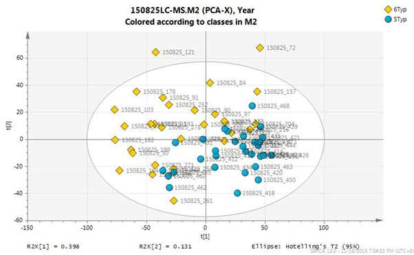 6년생과 5년생 시료 LC-MS PCA score plot