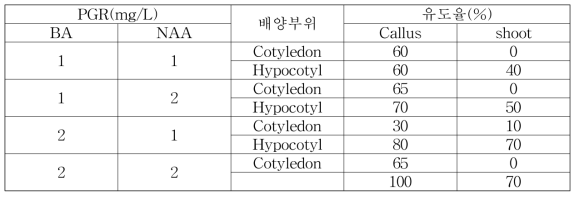 식물생장조절물질(P.G.R)처리 농도와 배양부위별 callus 및 shoot 유도율