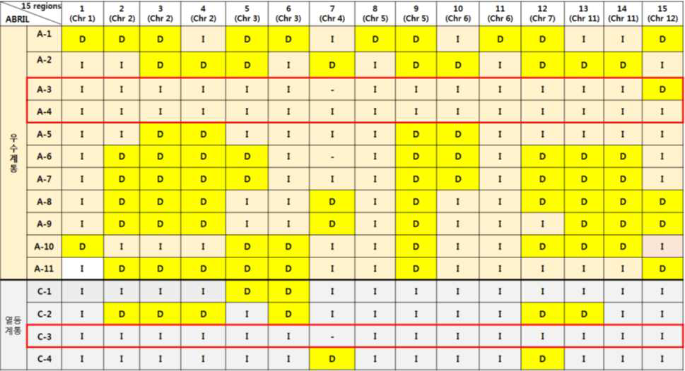 15개의 Dharial chromosomal fragments에 대한 우수 발아력 11계통과 열등 5계통에 대한 genotype