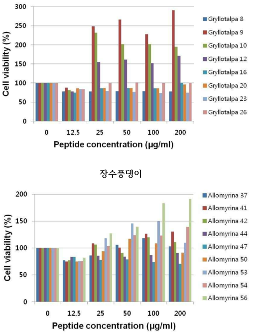 선별 펩타이드들의 마우스 대식세포 Raw264.7에 대한 세포생존율 확인