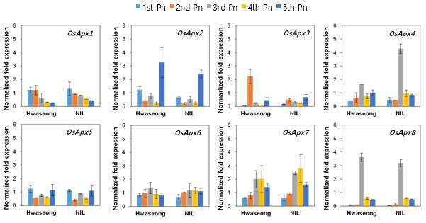 Expression level of OsApx gene family in panicle developmental stages of Hwaseong and NIL-gw9