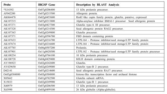 벼 prolamin 유전자와 상호작용하여 발현하는 유전자 리스트
