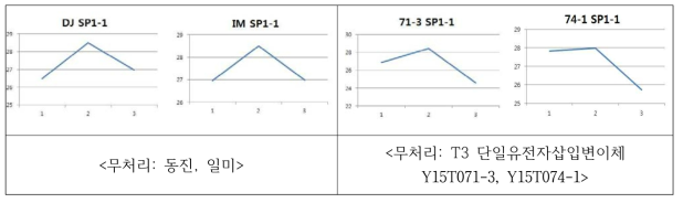 벼 무처리 구에서 초기 생장 단계에서 잎의 온도 변화 추이 (왼쪽의 동진, 일미는 염에 약한 품종, Y15T071-3, Y15T074-1는 염 관련 유전자의 유전자삽입변이체)