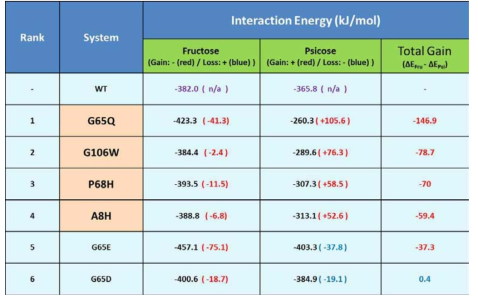 DPE와 사이코스/프럭토스간의 각각의 interaction potential energy값의 차이