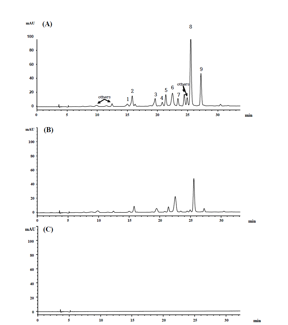 품종별 고구마 저장뿌리 중의 안토시아닌 성분의 HPLC 크로마토그램 (A), 신자미; (B), 연자미; (C), 신황미