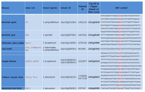 Non-syn SNPs in the homologs between pepper and tomato genes where disease related QTLs have been mapped