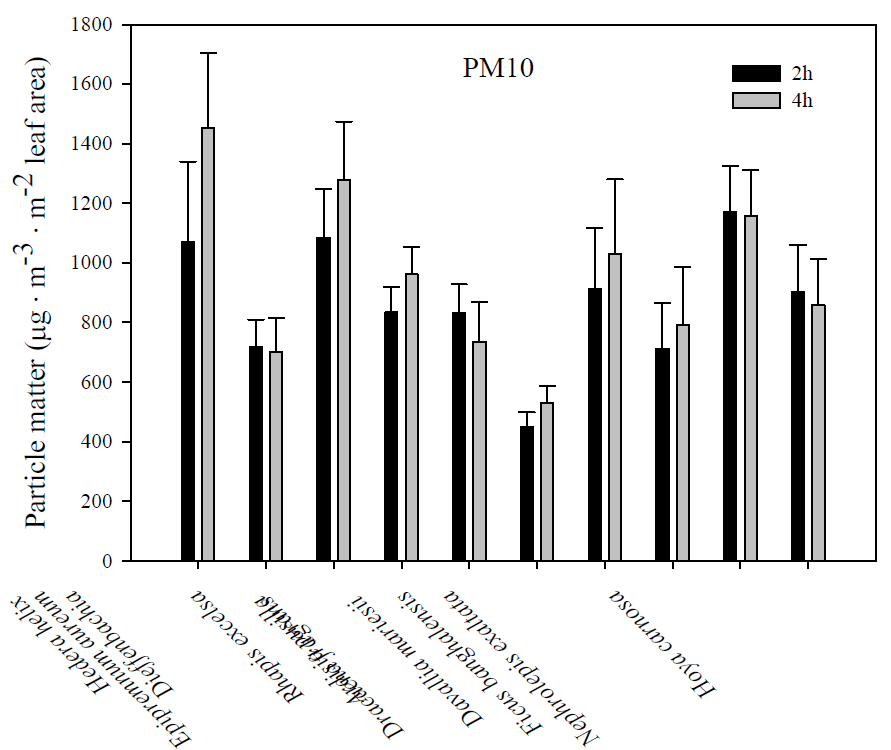 실내식물 종류별 단위엽면적당 시간에 따른 미세먼지(PM10) 제거효율