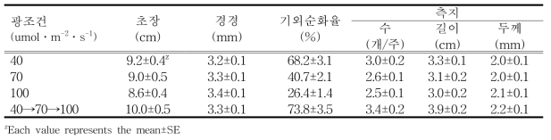 광조건별 기외순화 1개월 후 “청수” 품종 생육특성 비교
