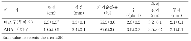 ABA 전처리별 청수”품종 기외순화 1개월 후 생육특성 비교