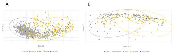 PCoA 분석 결과. A, 1차 무 유전자원 집단(791 자원)의 PCoA 분석 결과; B, 무유전·다양성 후보 집단(207 자원)의 PCoA 분석 결과