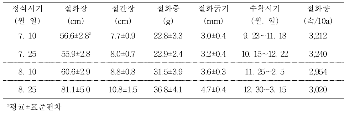 안개초 ‘Dream Song’ 평난지 가온시설 정식시기별 1번화 절화특성 및 절화량