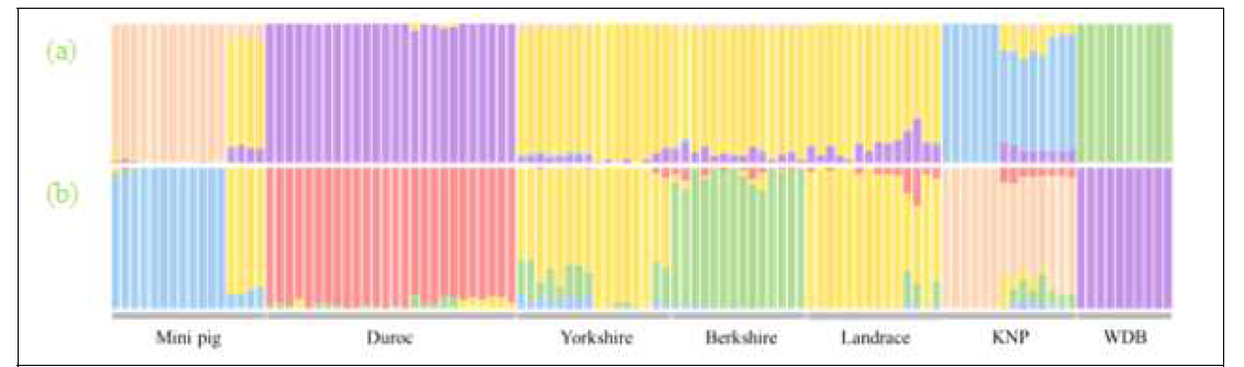 Population structure analysis using STRUCTURE (a) K=4, (b) K=6