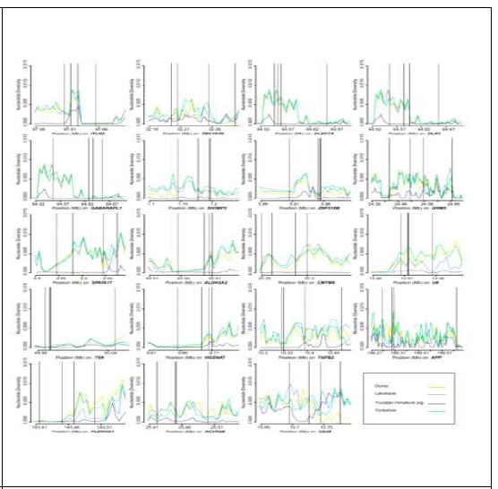 Nucleotide diversity plot of 19 genes detected by XP-EHH