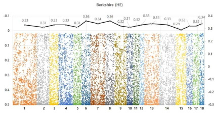 Plots of SNPs and average heterozygosity (HE) by chromosome 가. in Berkshire