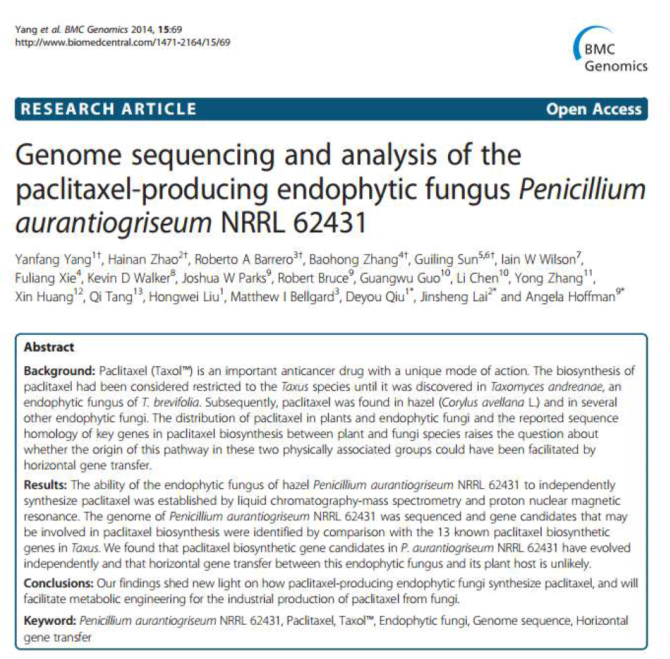 택솔을 생성하는 것으로 나타난 P. aurantiogriseum에서 유전체를 오레곤 주립대 학과 중국 과학자들이 협업하여 분석하였으나 실상은 유전체에서 택솔 생성 유전자가 발견되지 않는 것으로 나타난 BMC Genome 논문 (2014)