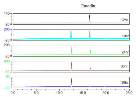 HPLC에 분석된 배양시간에 따른 emodin glucoside 생산