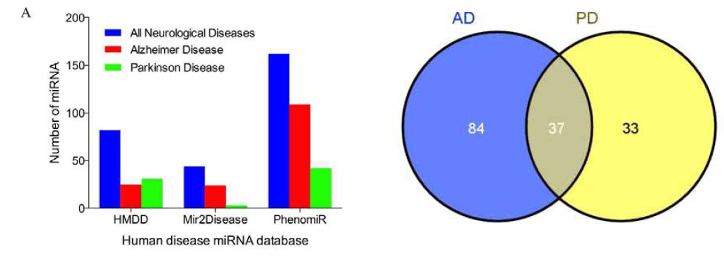 사람의 신경퇴행성 질병 및 알츠하이머, 파키슨병과 관련된 miRNA